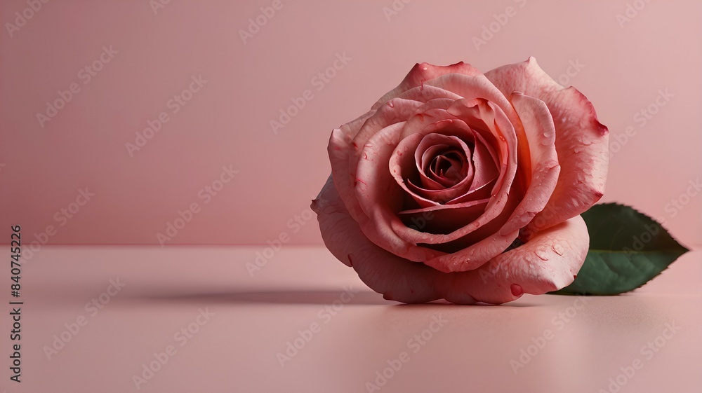 Fototapeta premium Valentine's Day with red rose pink flower on pink table background, Valentine's Day,