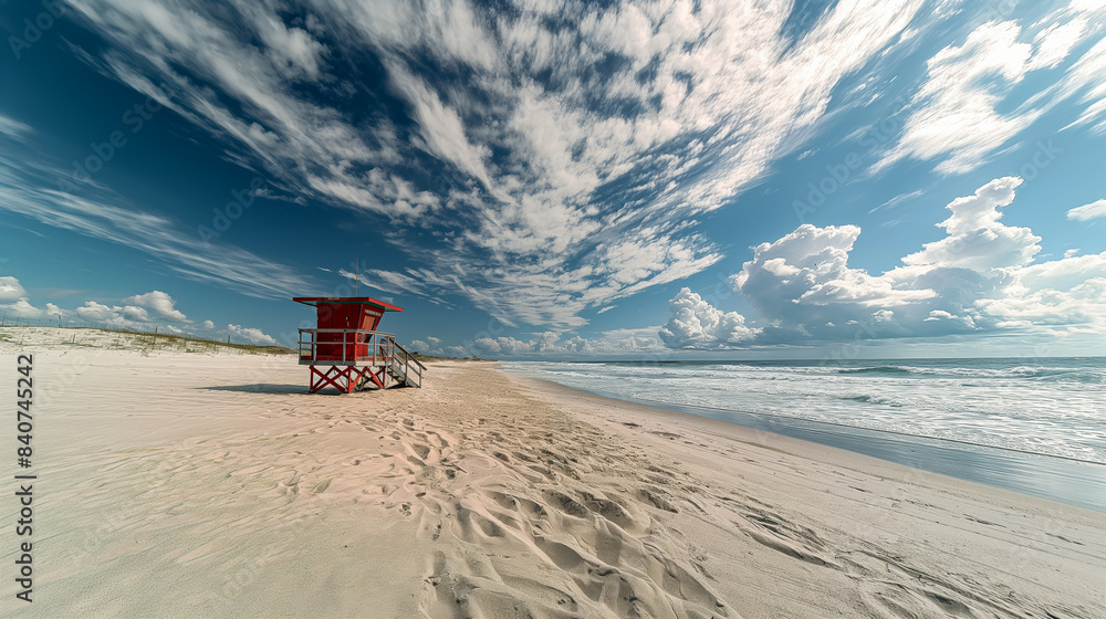 Wide-angle view of a lifeguard station with a person being treated for a jellyfish sting on the beach Wide-angle view of a lifeguard station with a person being treated for a jellyfish sting on the beach