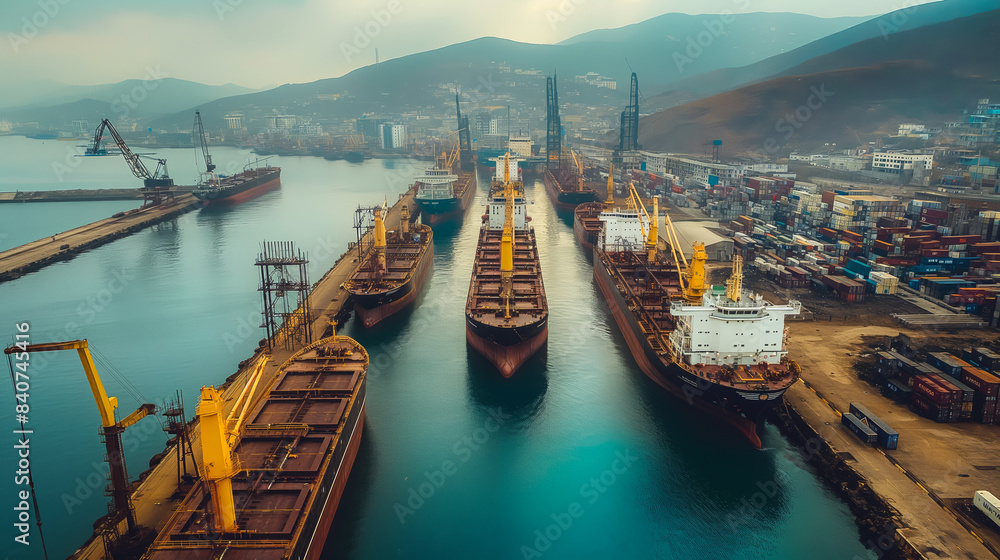 Naklejka premium Wide-angle view of a shipping port with idle grain ships and empty docks, highlighting the grain crisis 
