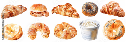 Watercolor painting of a collection of croissants and bagels on a white background.