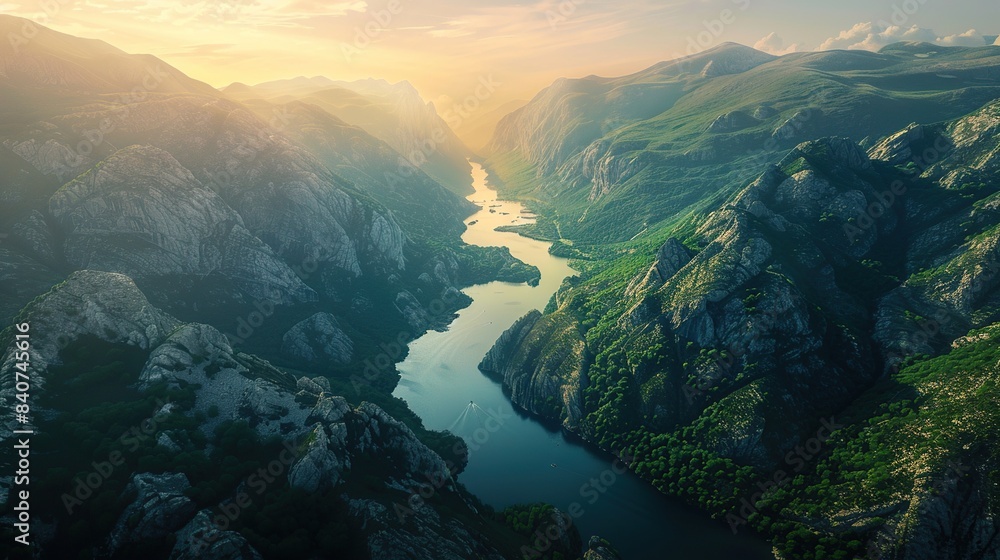Two mountains to the left and right, river in the center, top view. Wonderful natural scenery background Two mountains to the left and right, river in the center, top view. Wonderful natural scenery background