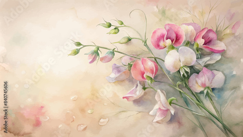 Vintage sweet peas flower watercolor background