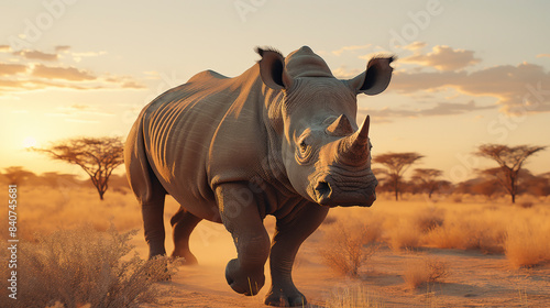 A Majestic White Rhino Walks Through The Golden African Savanna at Sunset