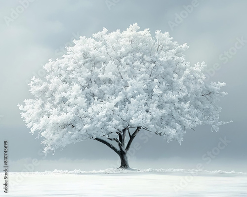 A single tree beautifully covered in snow, standing alone in a winter wonderland, surrounded by a serene, snowy landscape.