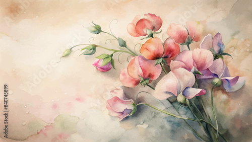 Vintage sweet peas flower watercolor background