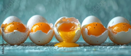 White eggs in a row and one broken egg with yolk