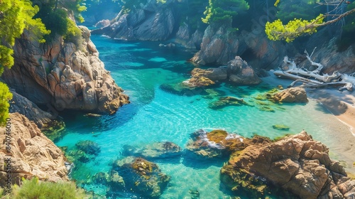 beaches of Costa Brava with crystal-clear turquoise waters and rugged cliffs 8k.