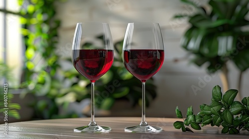 Two Glasses of Red Wine on Wooden Table in Cozy Indoor Setting with Green Plants