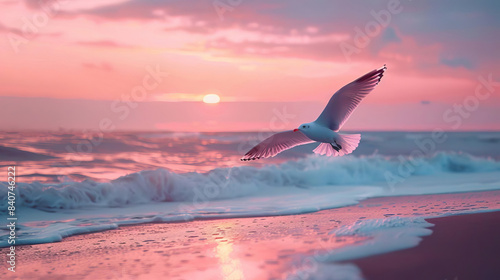 Seagull flying over the beach during sunset  with pink and purple hues in the sky and waves crashing on the shore.