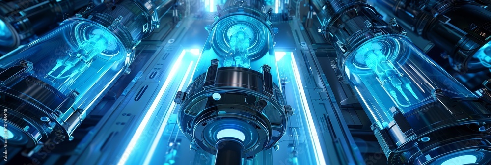 Advanced nuclear reactor in a hightech facility glowing with energy in detailed 3D  with blue hues. Futuristic technology,power,and engineering concept.