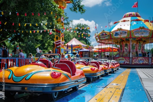 Colorful amusement park scene, Carnival scene with roller coasters, bumper cars, and a bustling fairground