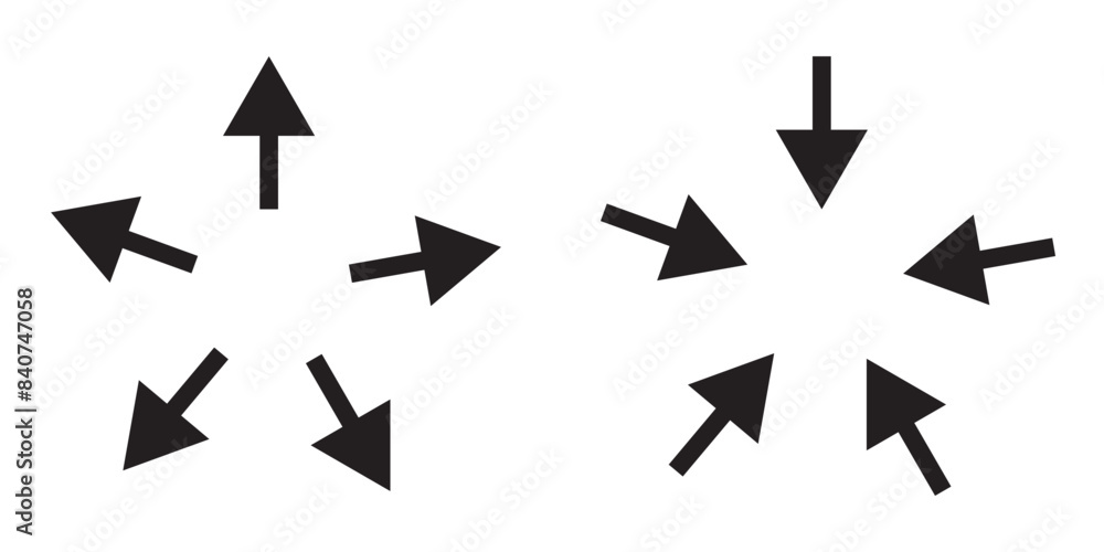Inward and outward pointing symbols. Concentration and expansion concept. Vector illustration on white background in EPS 10. Inward and outward pointing symbols. Concentration and expansion concept. Vector illustration on white background in EPS 10.