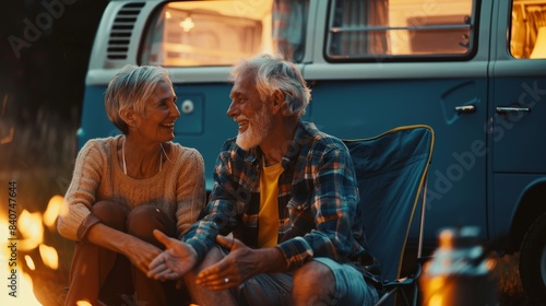 Lovely senior couple rest with camper van in camp site. photo