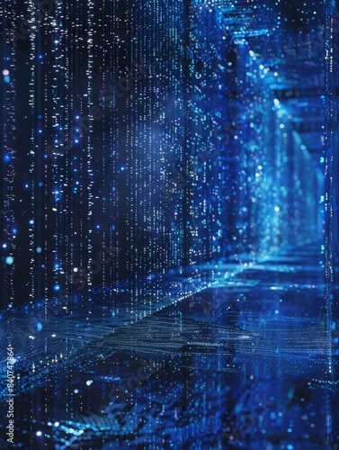 Fototapeta Naklejka Na Ścianę i Meble -  abstract blue matrix digital cyberspace background 3d render illustration, Abstract blue digital background. Big data visualization, AI Generated hyper realistic 