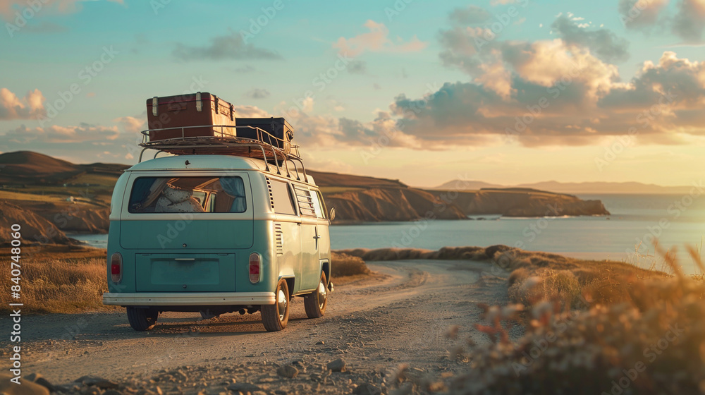 Vintage camper van with luggage box on top at sea beach in summer vacation