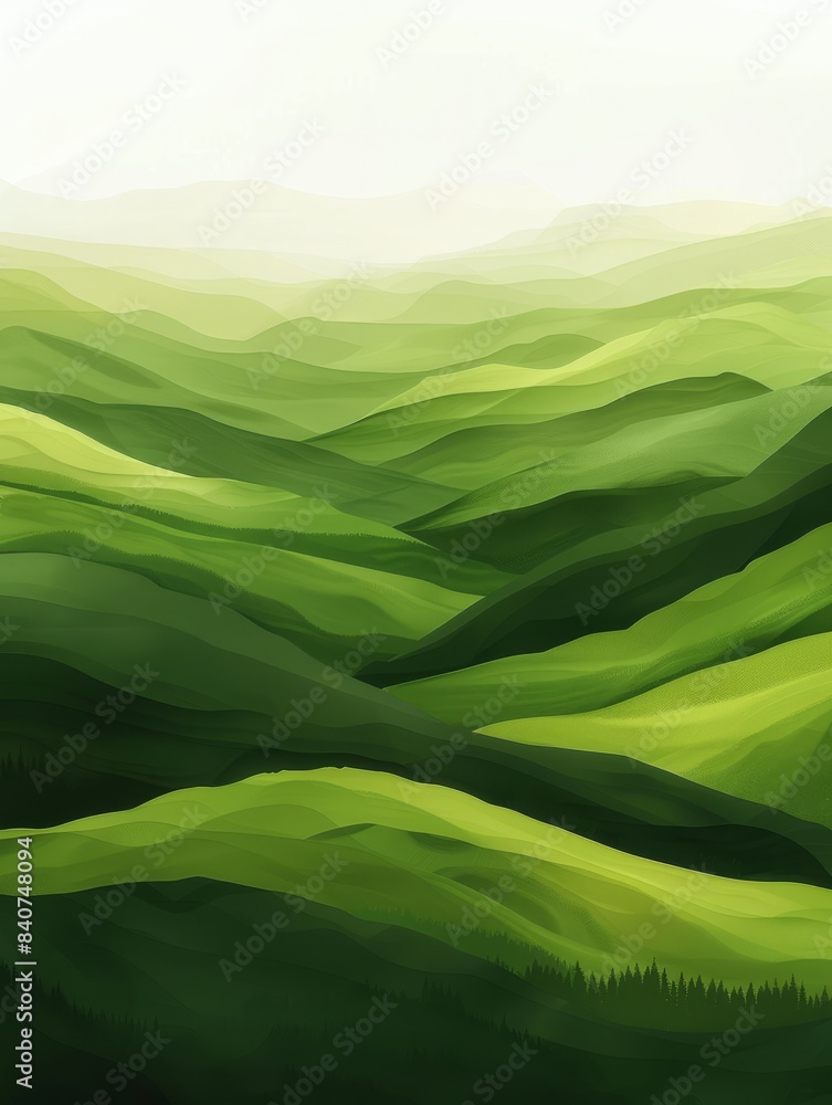 Obraz premium Abstract green landscape wallpaper background illustration design with hills and mountains hyper realistic 