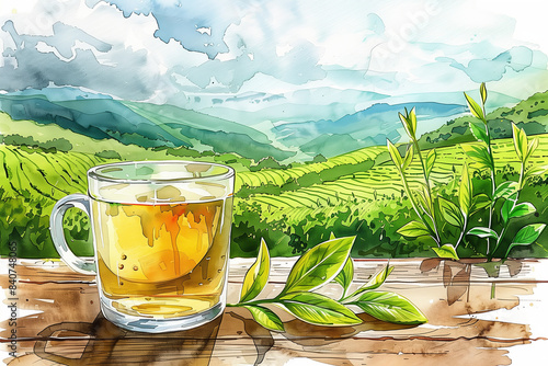 Wallpaper Mural A watercolor painting of a teacup set on a wooden table amidst the nature of a tea plantation. Torontodigital.ca