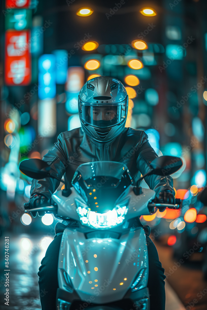 Asian man wearing a helmet drives a motorcycle in the city at night. Asian man wearing a helmet drives a motorcycle in the city at night.