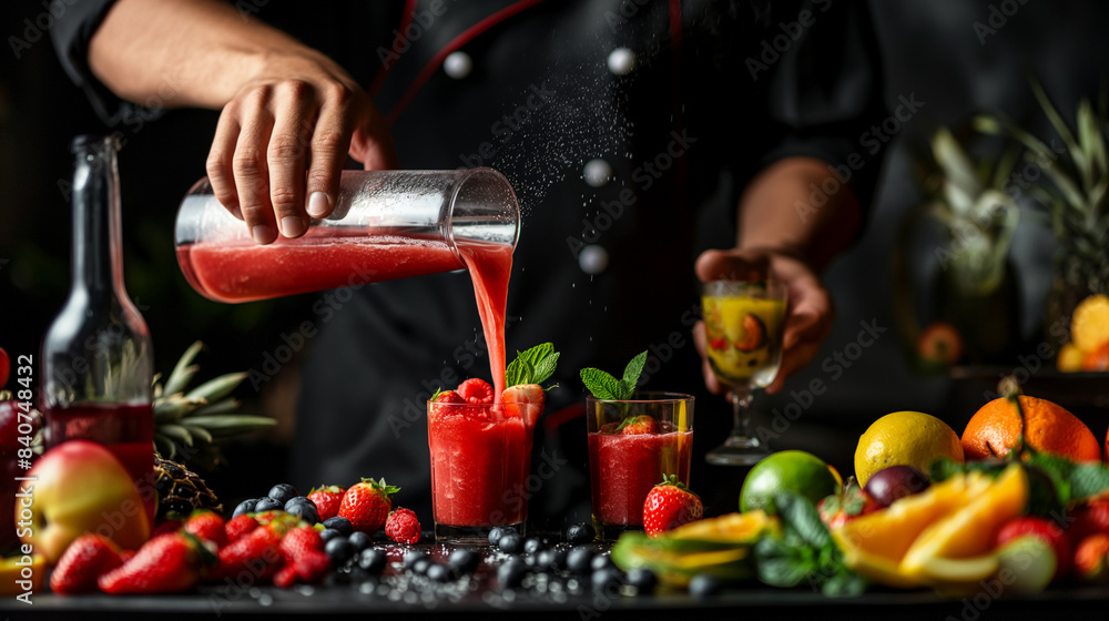Chef pouring a freshly blended smoothie into glasses, fruits scattered around dynamic pouring, right copy space Chef pouring a freshly blended smoothie into glasses, fruits scattered around dynamic pouring, right copy space