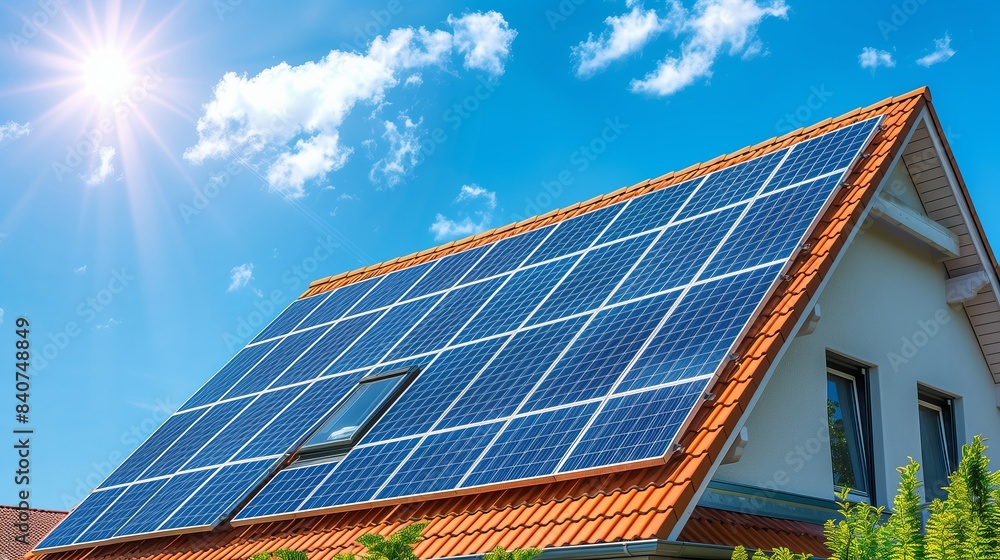 Fototapeta premium Renewable energy with solar panels on the roof for green energy production