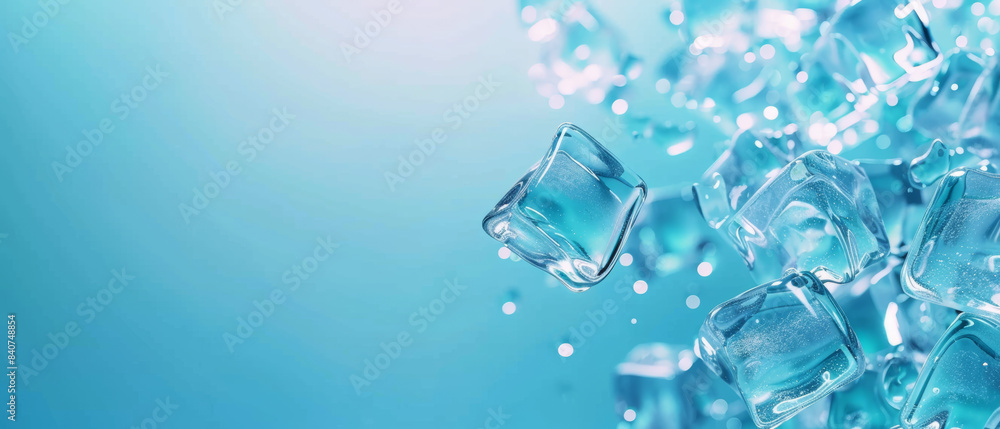 Crystal-clear ice cubes with shimmering light reflections create a refreshing, cool sensation against a vibrant blue backdrop. Crystal-clear ice cubes with shimmering light reflections create a refreshing, cool sensation against a vibrant blue backdrop.