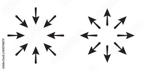 Symbol of expansion and contract, inward and outward arrows in circular, black and white vector illustration on white background in eps 10.