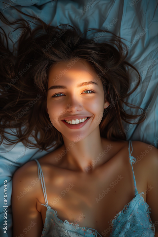 Caucasian woman lying on bed and smiling looking at camera. Caucasian woman lying on bed and smiling looking at camera.