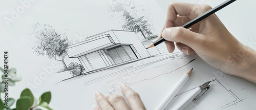 Hands skillfully sketching a contemporary house on a blank paper, capturing the ingenuity and imagination involved in architectural design.