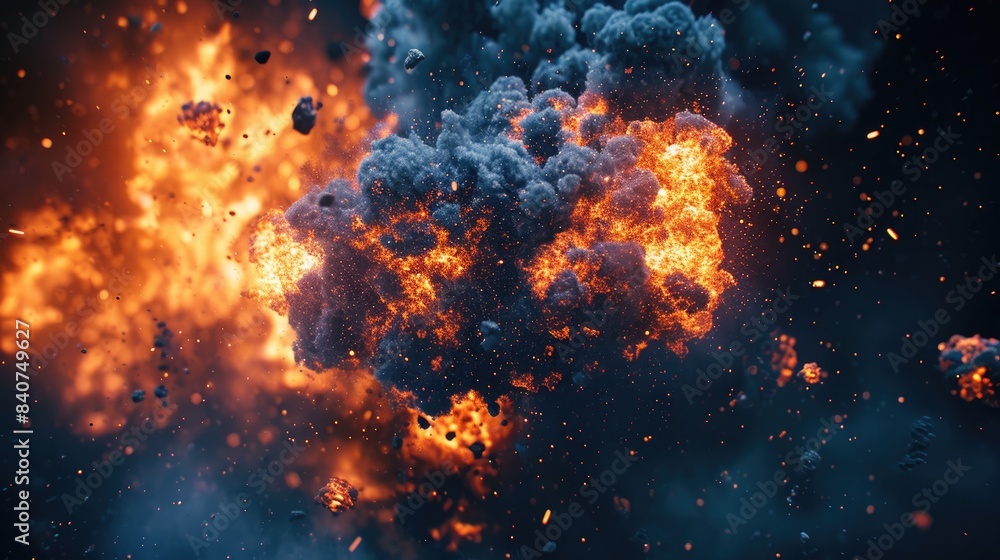Fiery explosive blaze, Close up details of explosions against the dark backdrop Fiery explosive blaze, Close up details of explosions against the dark backdrop