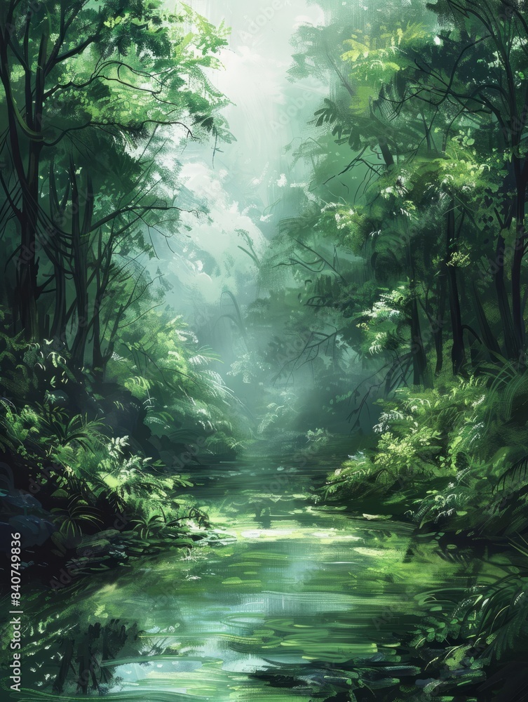 Obraz premium Artistic conception of beautiful landscape painting of nature of forest, background illustration, tender and dreamy design. hyper realistic 