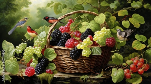 basket of blackberries with birds sitting on the edge