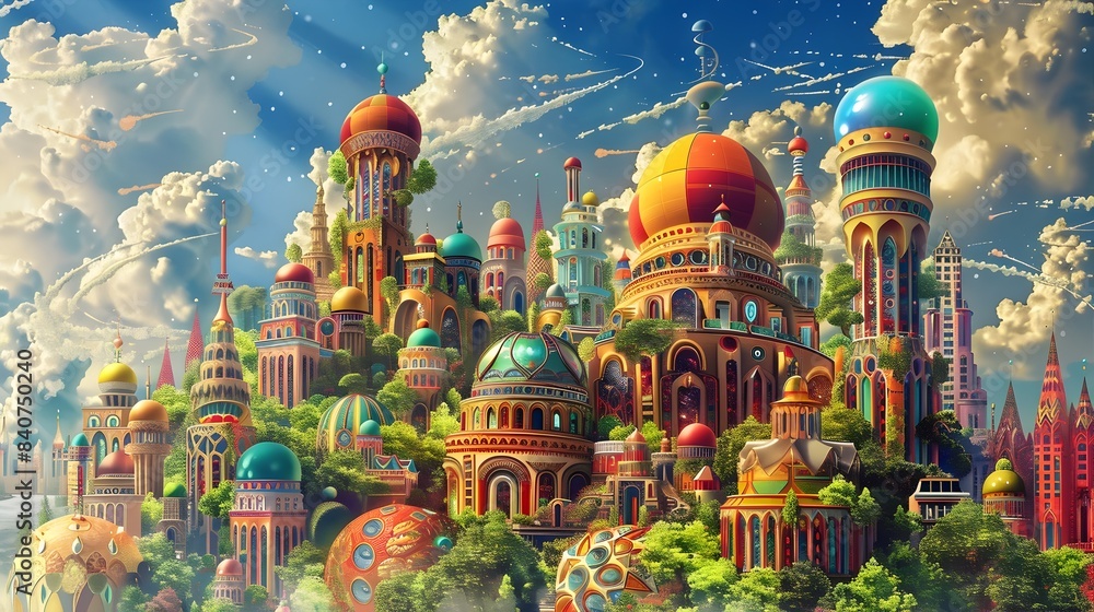Obraz premium Futuristic Cityscape of a Society Embracing Vibrant Cultural Festivals and