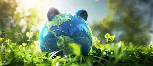 A ceramic piggy bank painted as the globe rests in lush grass, symbolizing global savings and a green future.