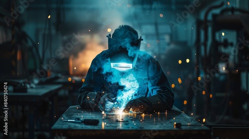 A man welder worker in a black jacket is working on a piece of metal. industrial and hard work concept