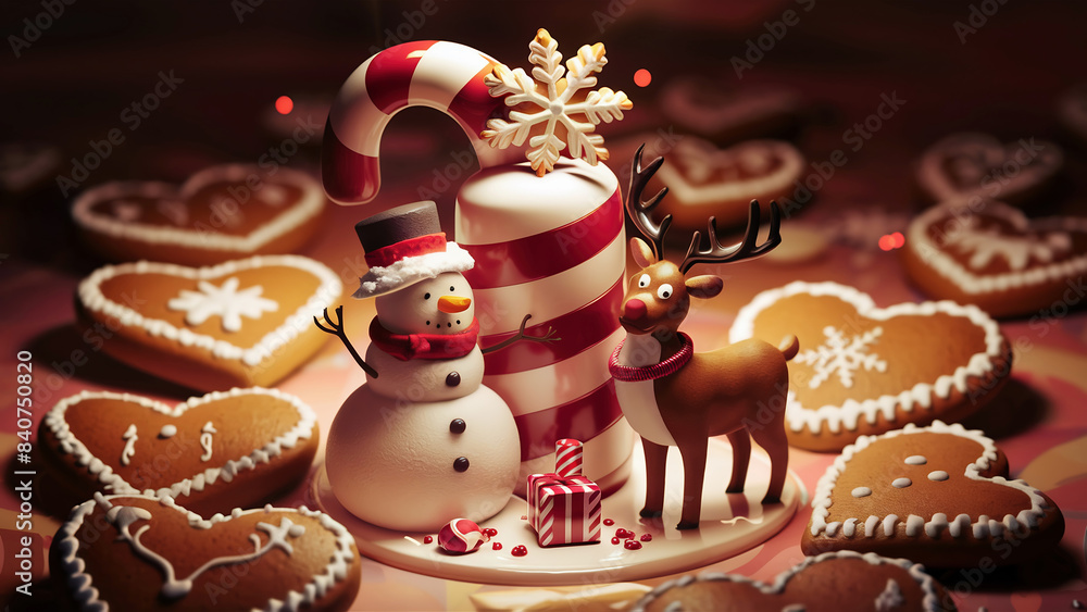 Christmas cookies with a snowman, reindeer and a candy cane surrounded by ginger bread hearts, photo, 3d render, illustration, cinematic