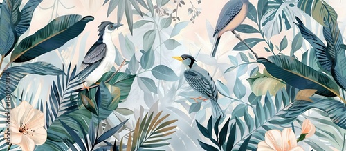 Illustration of tropical wallpaper print design with palm leaves, monstera leaves, birds and texture. Exotic plants and birds on textured background. AI generated illustration © Fatima