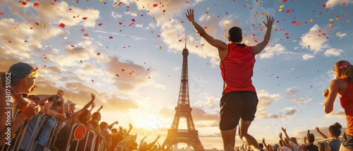 A marathon runner celebrates victory with arms outstretched as confetti falls, with the Eiffel Tower in the background, capturing a moment of triumph.