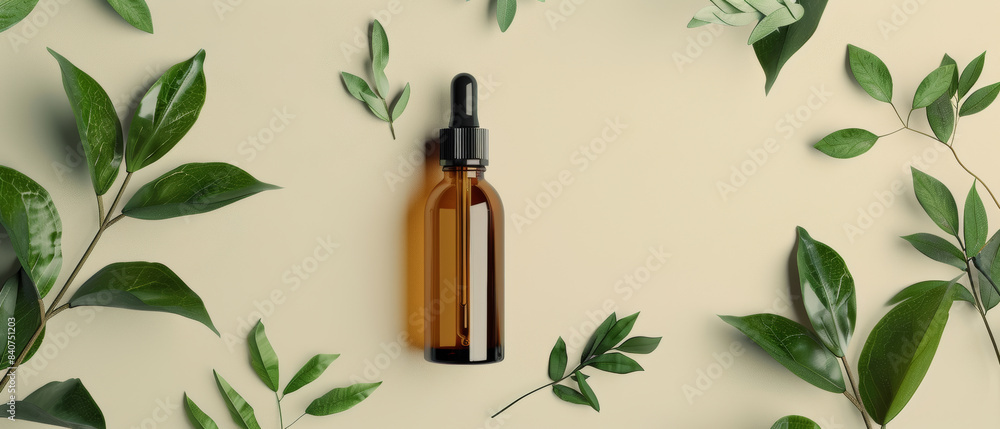 A brown dropper bottle on a beige surface surrounded by greenery, highlighting a natural and fresh theme for skincare products. A brown dropper bottle on a beige surface surrounded by greenery, highlighting a natural and fresh theme for skincare products.