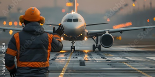 Ground crew signals pilot using hand signals to direct aircraft on runway. Concept Aviation, Runway Operations, Ground Crew Communication, Aircraft Guidance, Hand Signals photo