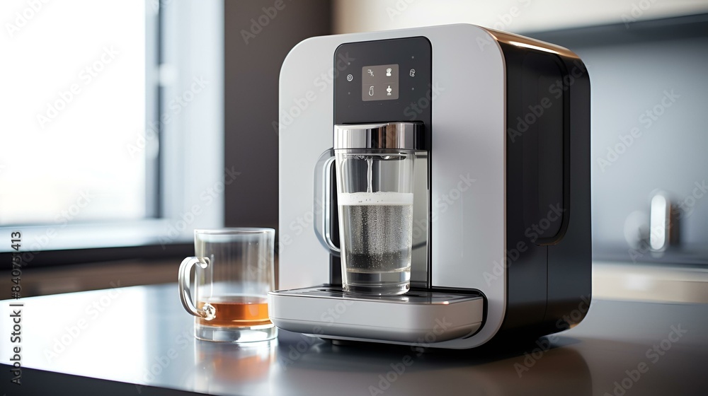 A coffee maker with a glass of water, ready to brew a fresh cup of coffee.
A coffee maker with a glass of water, ready to brew a fresh cup of coffee.