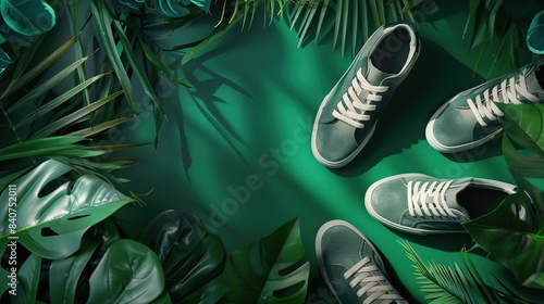 Eco-friendly fashion: bright green sneakers on a background of tropical leaves © Яна Деменишина