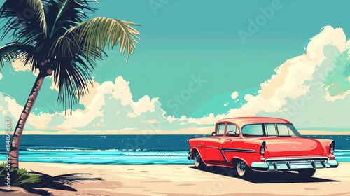 Fototapeta Naklejka Na Ścianę i Meble -  Beautiful vector illustration of tropical beach with vintage car for poster greeting card design