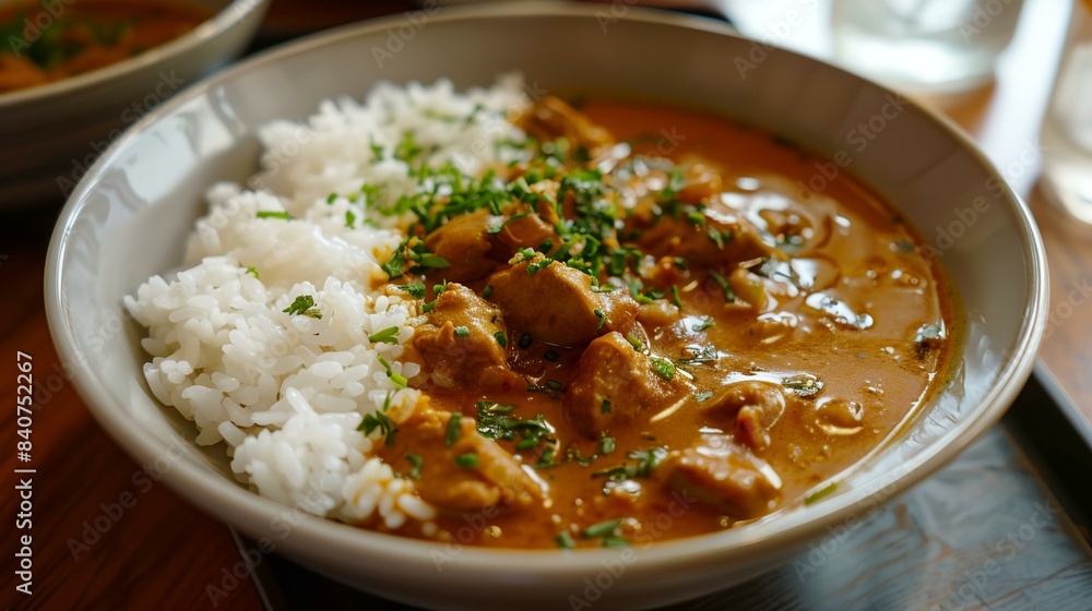 a bowl of food with rice on a table a bowl of food with rice on a table