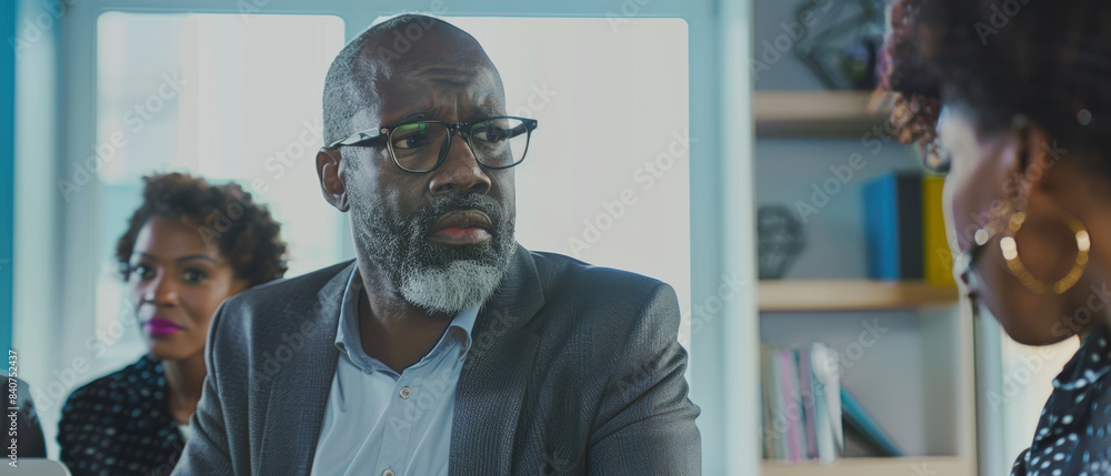 In a modern meeting room, a middle-aged man with glasses and a grey beard appears deep in thought, engaging in a serious conversation with colleagues. In a modern meeting room, a middle-aged man with glasses and a grey beard appears deep in thought, engaging in a serious conversation with colleagues.