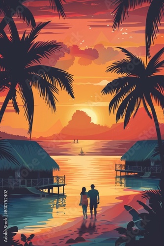 Beautiful vector illustration of tropical beach and back view of a lovely couple
