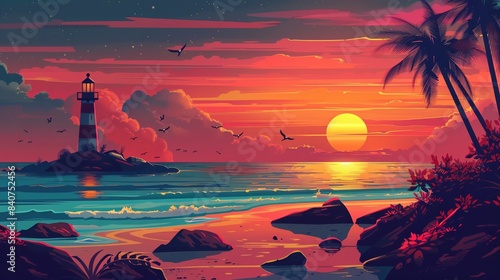 Vector illustration of beautiful scenic landscape of tropical sea beach.