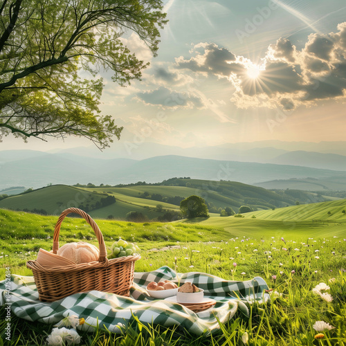 Picturesque Countryside Picnic with Rolling Green Hills photo