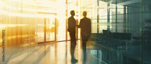 Two silhouetted businesspeople shake hands in a modern office space, illuminated by a warm, golden light.