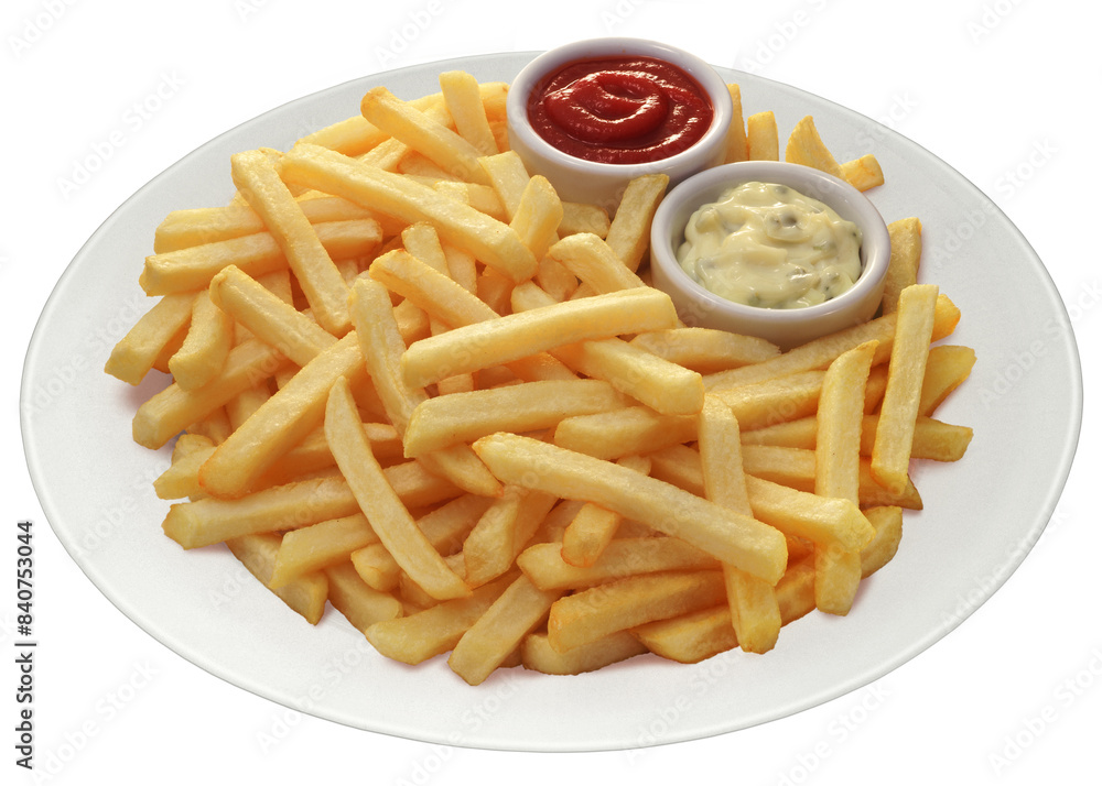prato com porção de batata frita acompanhada de pote de ketchup e pote de maionese caseira prato com porção de batata frita acompanhada de pote de ketchup e pote de maionese caseira