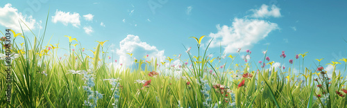Serene Summer Meadow with Wildflowers and Blue Sky photo